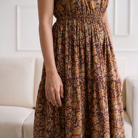Pedana Kalamkari Hand Block Print Cotton Sleeveless Tiered Long Dress for Women 21