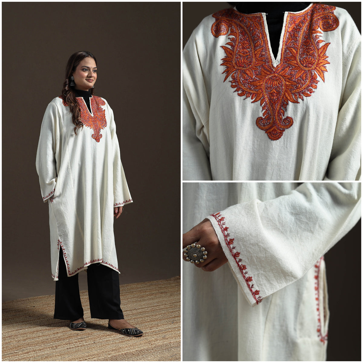 Kashmiri Sozni Hand Embroidered Handwoven Merino Wool Pheran 01