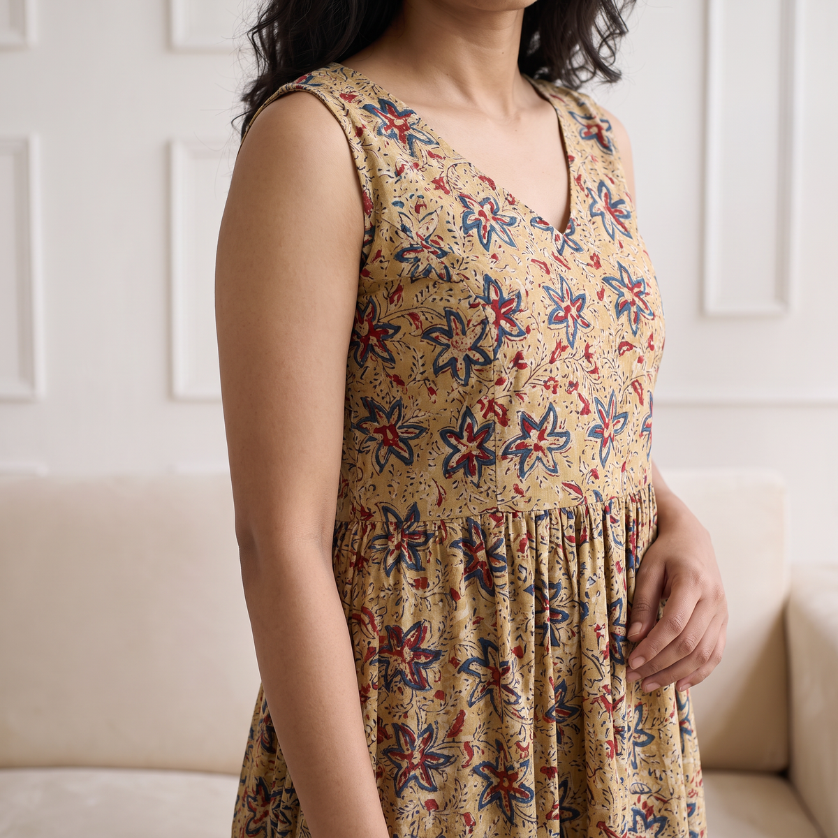 Pedana Kalamkari Hand Block Print Cotton Sleeveless Flared Long Dress for Women 15
