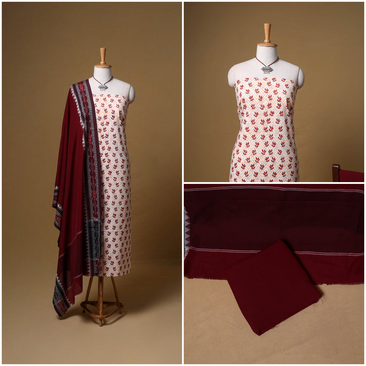 Floral Sanganeri Block Print Cotton Unstitched Dress Material: Kurta, Bottom & Dupatta with Jewellery 02
