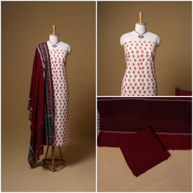 Floral Sanganeri Block Print Cotton Unstitched Dress Material: Kurta, Bottom & Dupatta with Jewellery 02