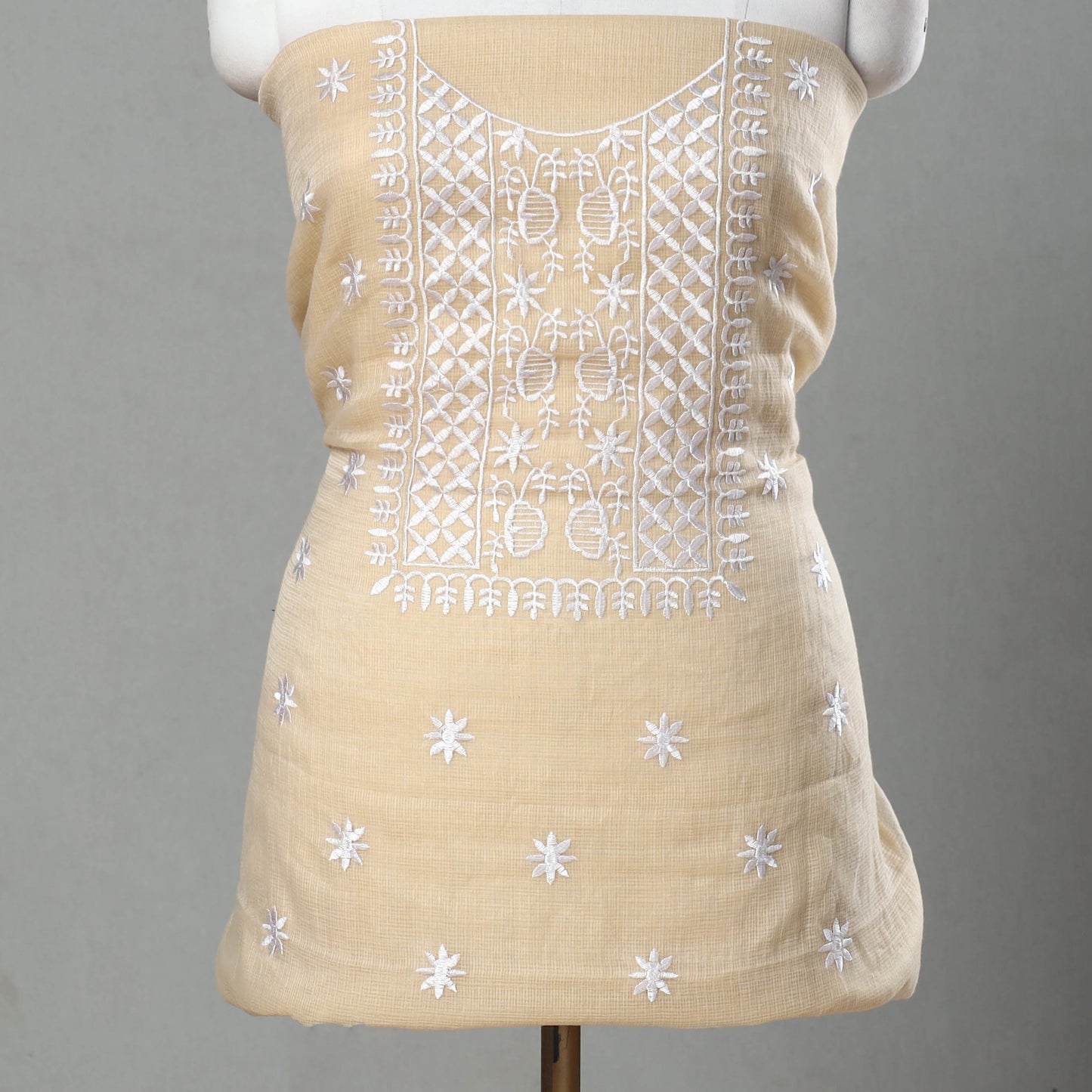 Beige - 3pc Cotton Embroidered Kota Doria Dress Material 15