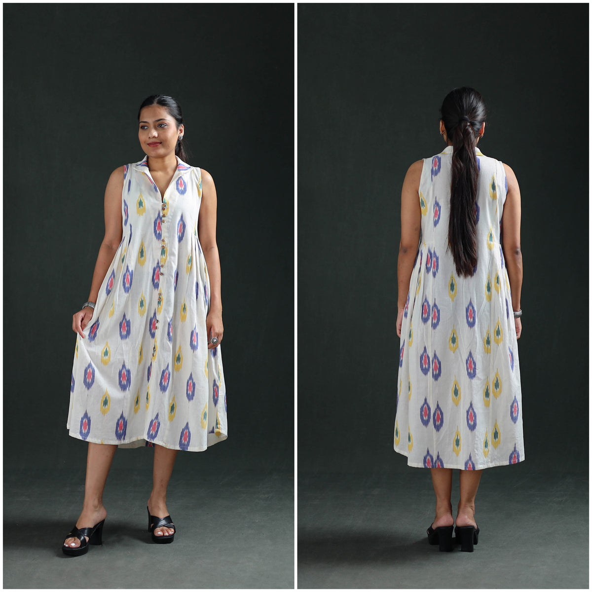 Pochampally Ikat Cotton Sleeveless Buttoned Down Long Dress for Women 13