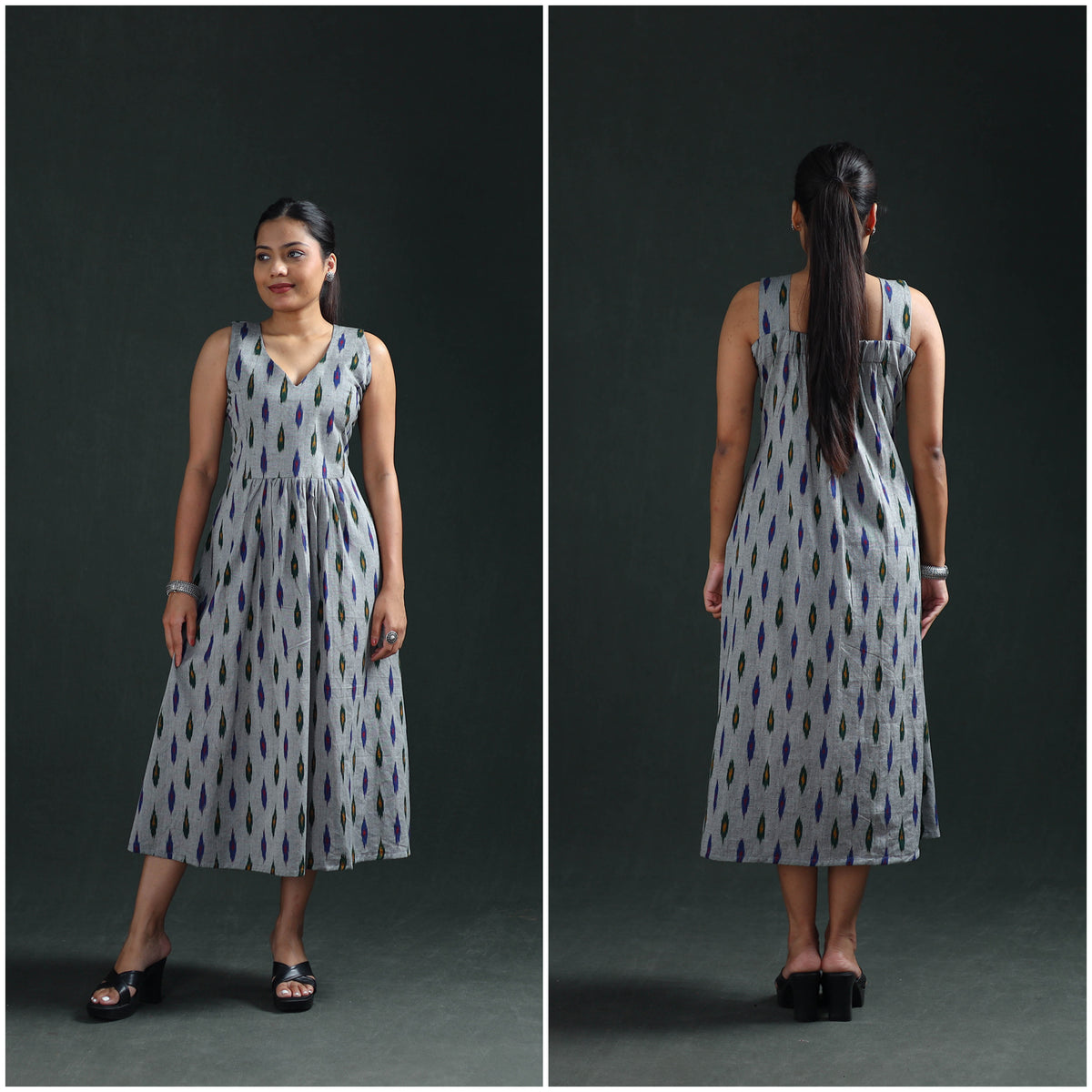 Pochampally Ikat Cotton Sleeveless Flared Long Dress for Women 19