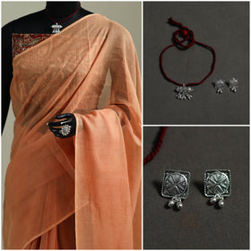 Peach - Nazaakat Kota Doria Cotton Plain Saree with Blouse & Jewellery Set 165