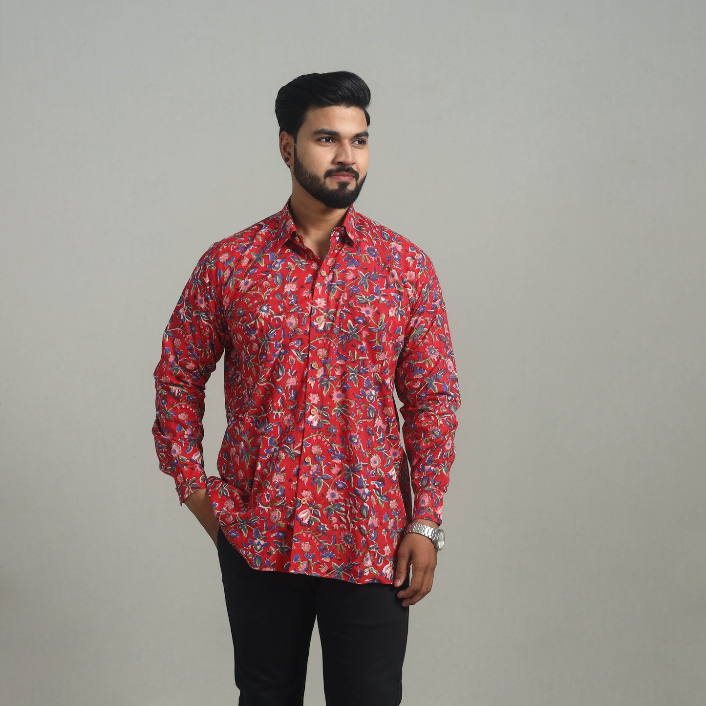 Red - Full Sleeve Cotton Men Sanganeri Print Shirt 05