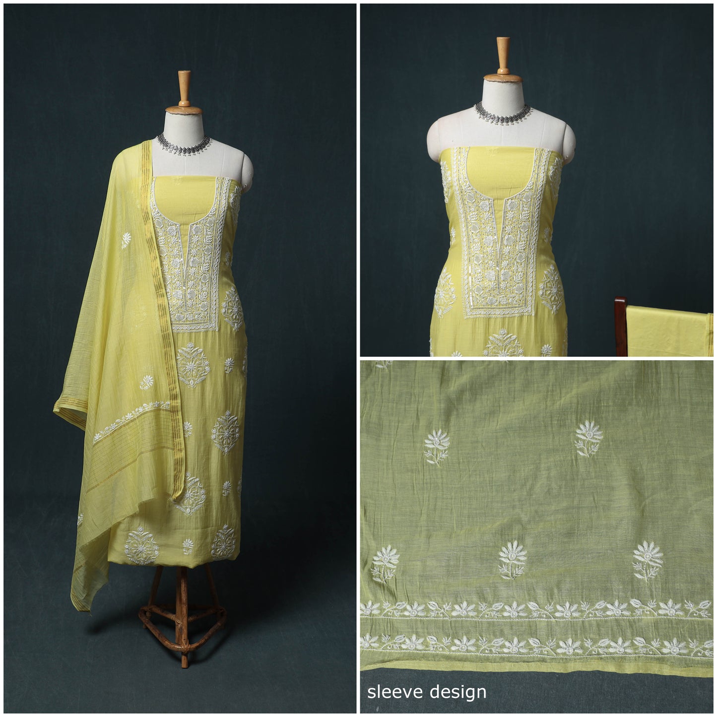 Lucknowi Chikankari Heavy Sequin & Beadwork Mul Chanderi Unstitched Dress Material: Kurta, Bottom & Dupatta 03