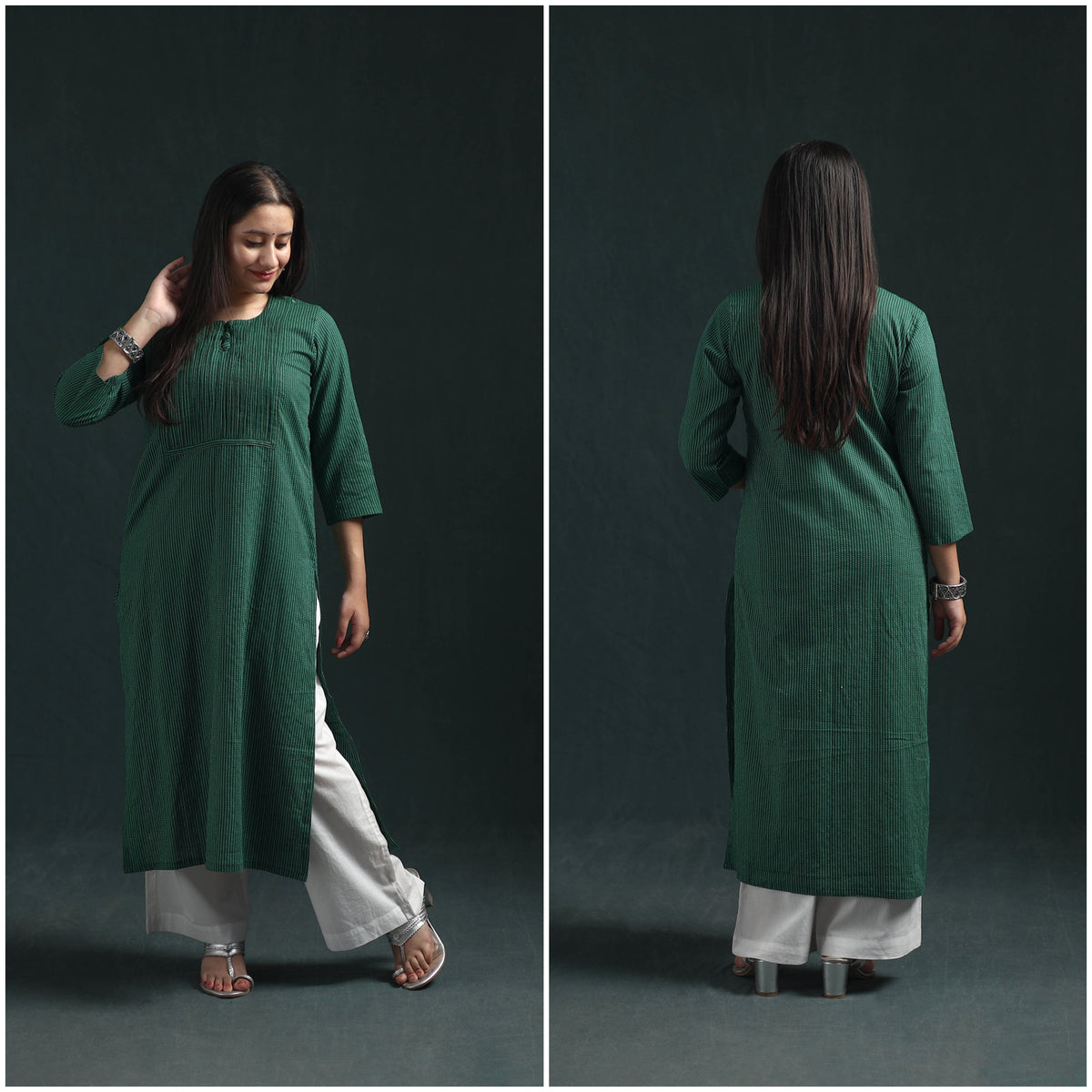 Plain Running Stitch Pintuck Cotton Straight Long Kurta for women 05