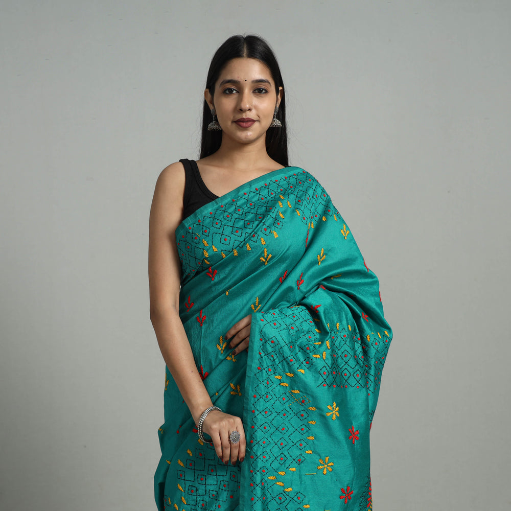 Green - Handcrafted Bengal Nakshi Kantha Work Silk Saree 21