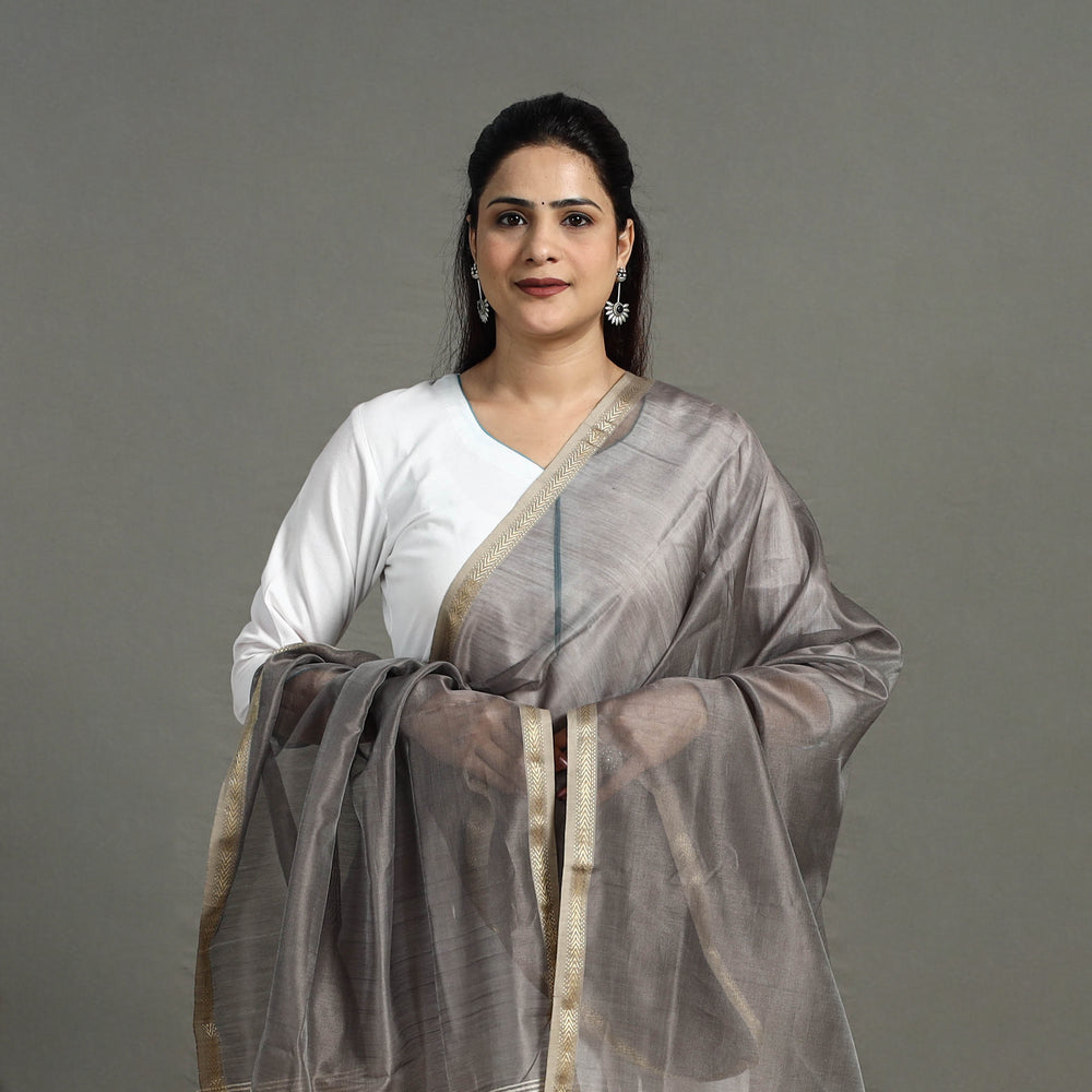 Grey - Handloom Silk Cotton Zari Work Maheshwari Dupatta 01