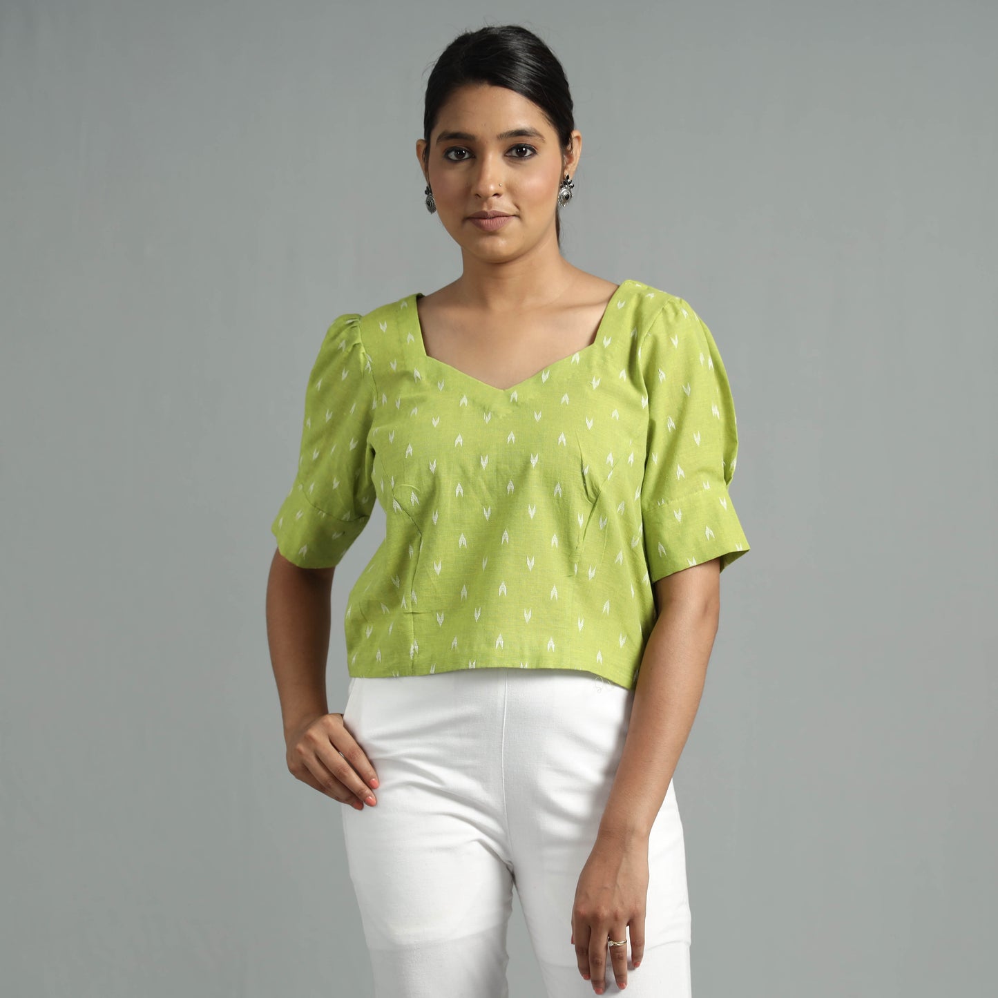 Light Green Jacquard Half Sleeve Cotton Crop Top