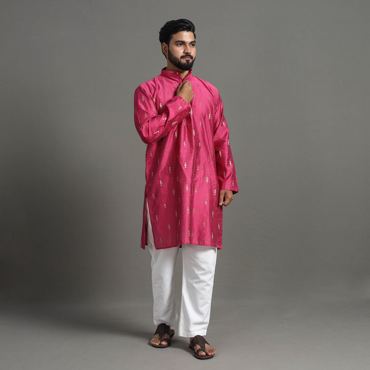 Zari Buti Spun Dupion Viscose Silk Plain Men Kurta 10