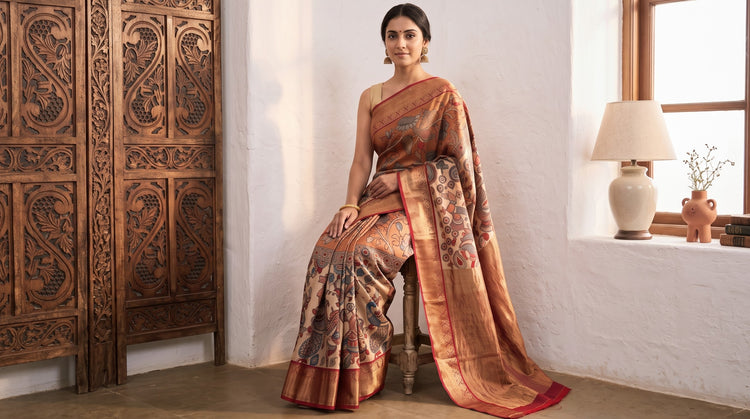 Pure Handloom Desi Tussar & Kanjeevaram Mulberry Silk Handpainted Srikalahasti Pen Kalamkari Sarees