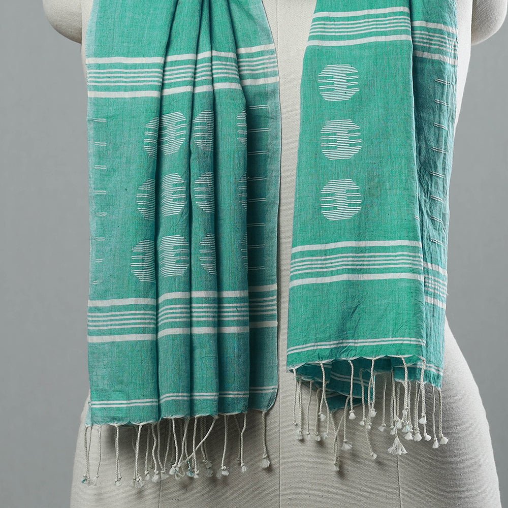 Green - Burdwan Jamdani Cotton Handloom Stole with Tassels 29