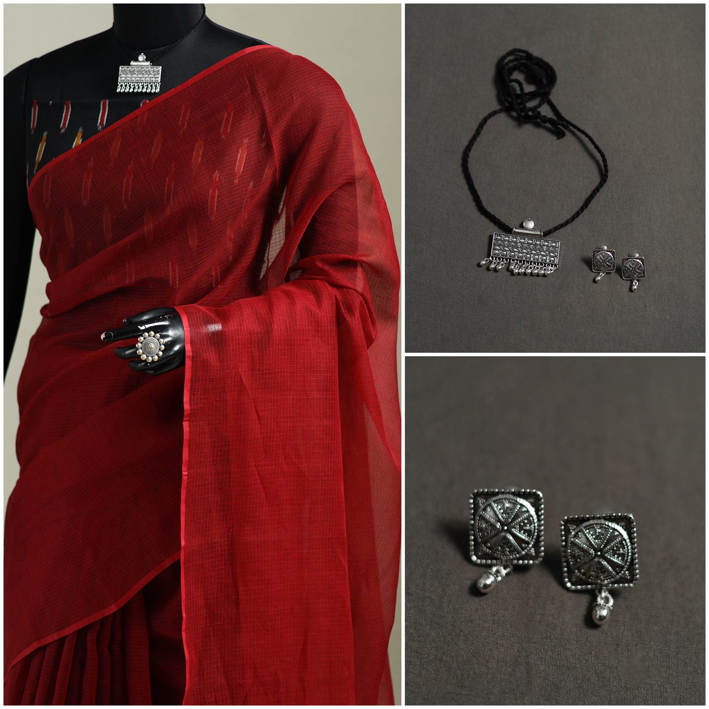 Red - Nazaakat Kota Doria Cotton Plain Saree with Blouse & Jewellery Set 96
