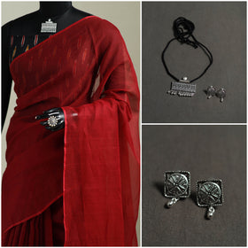 Red - Nazaakat Kota Doria Cotton Plain Saree with Blouse & Jewellery Set 96
