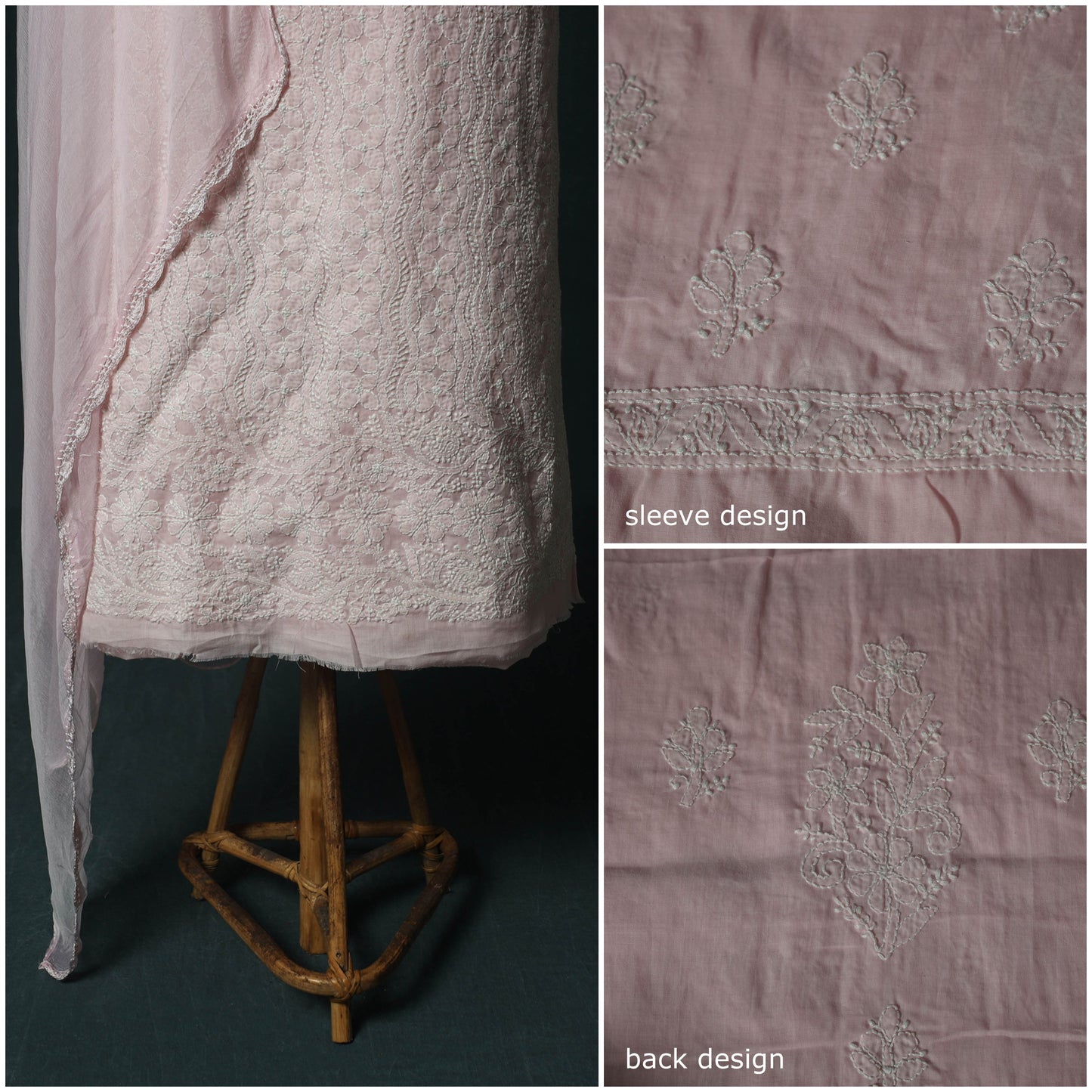 Pink - Lucknowi Chikankari Hand Embroidered Cotton 3pc Unstitched Dress Material Suit Set 03