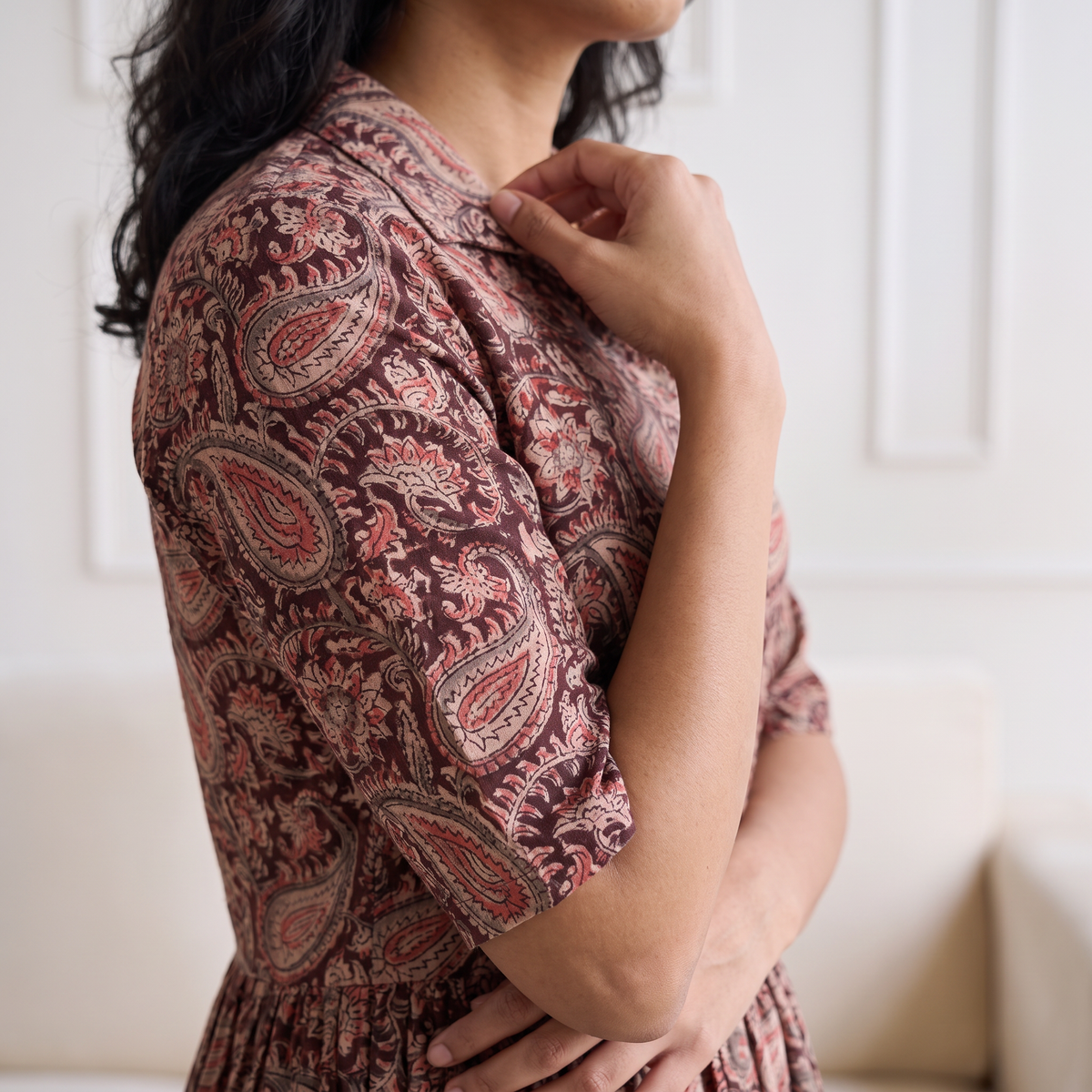 Pedana Kalamkari Hand Block Print Cotton Flared Long Dress for Women 03