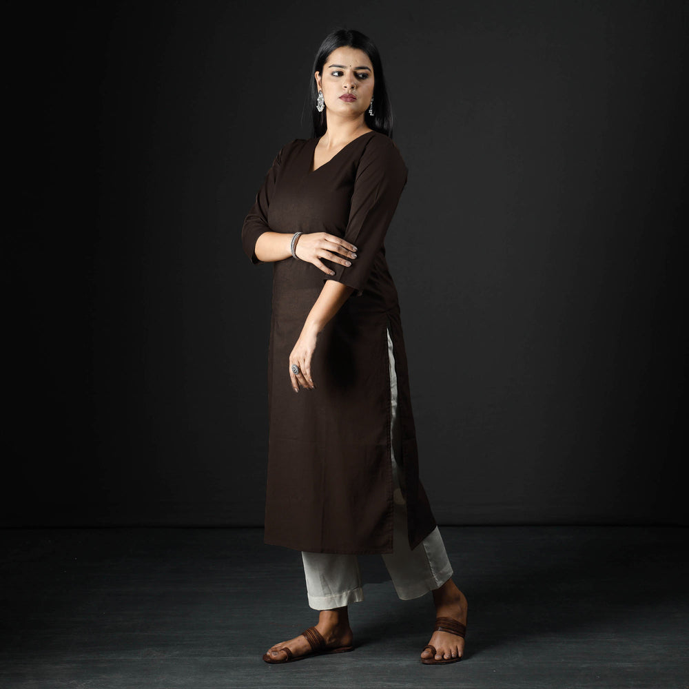 Dark Brown Plain Cotton Long Kurta