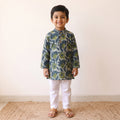 Green - kids pure cotton kurta in bagru block prints (2-3