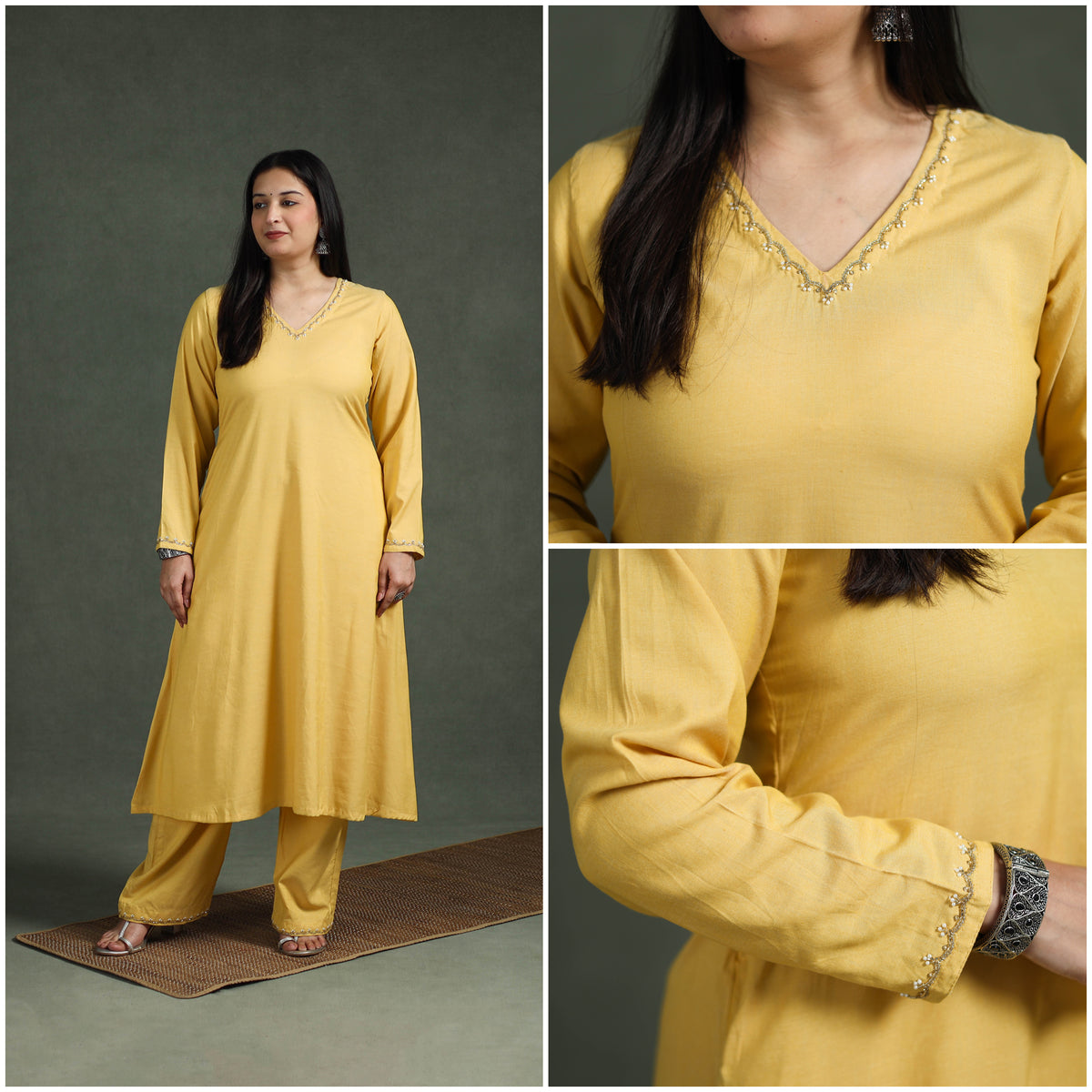 Plain Banana Fiber Soft Cotton Bead Work A-Line Kurta with Palazzo Set for women 07