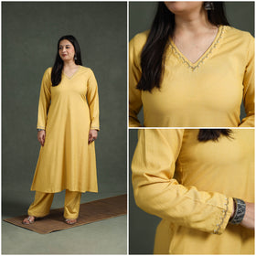 Plain Banana Fiber Soft Cotton Bead Work A-Line Kurta with Palazzo Set for women 07