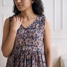 Pedana Kalamkari Hand Block Print Cotton Sleeveless Flared Long Dress for Women 11