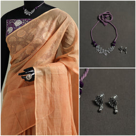 Peach - Nazaakat Kota Doria Cotton Plain Saree with Blouse & Jewellery Set 137