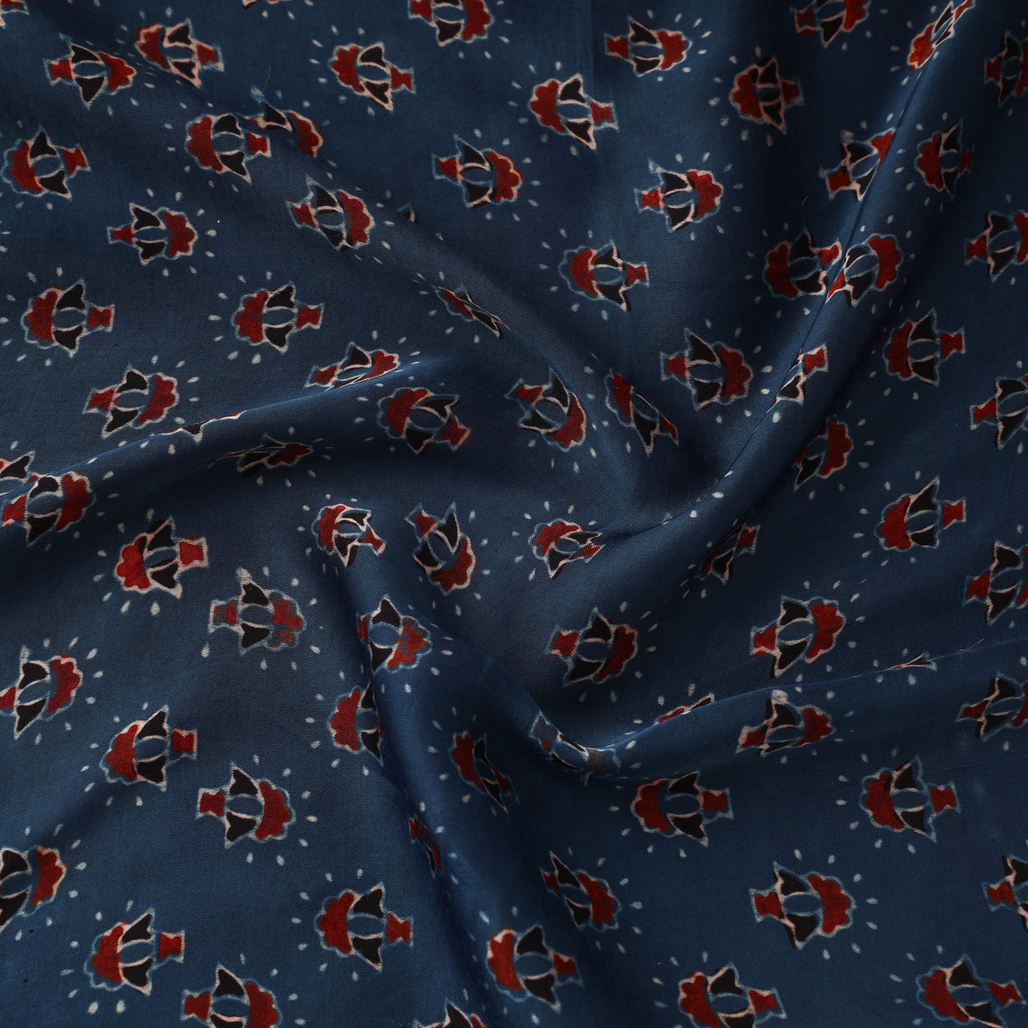 Blue - Kutch Hand Block Print Modal Silk Ajrakh Fabric 01