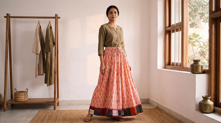 Patchwork Cotton Bagh Block Print Flared Long Skirts