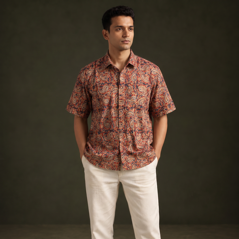 Men Half Sleeve Pedana Kalamkari Block Print Cotton Shirt 04