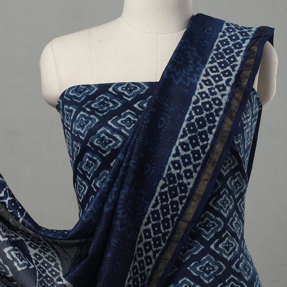 Blue - 3pc Chanderi Silk Indigo Bagru Print Dress Material 02