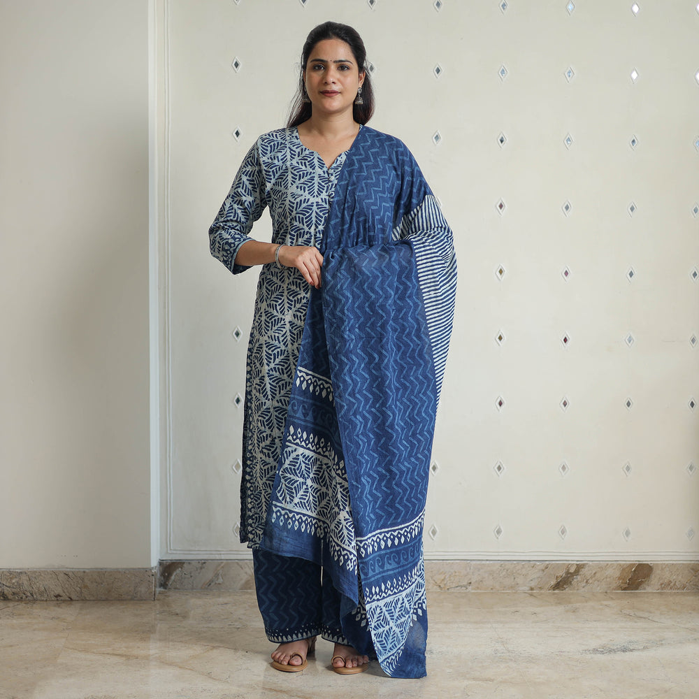 Blue - Hand Block Print Indigo Bagru Cotton Suit Set 03