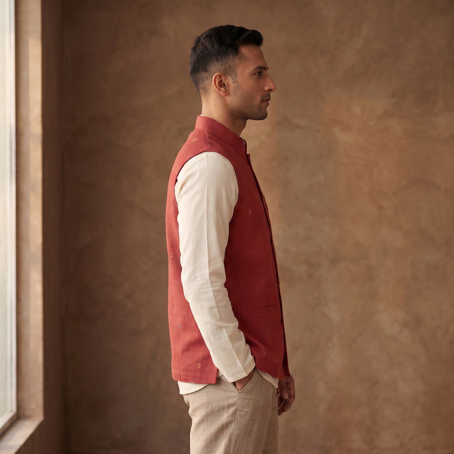 Handwoven Cotton Nehru Jacket for Men in Jamdani Buti of Srikakulam 05