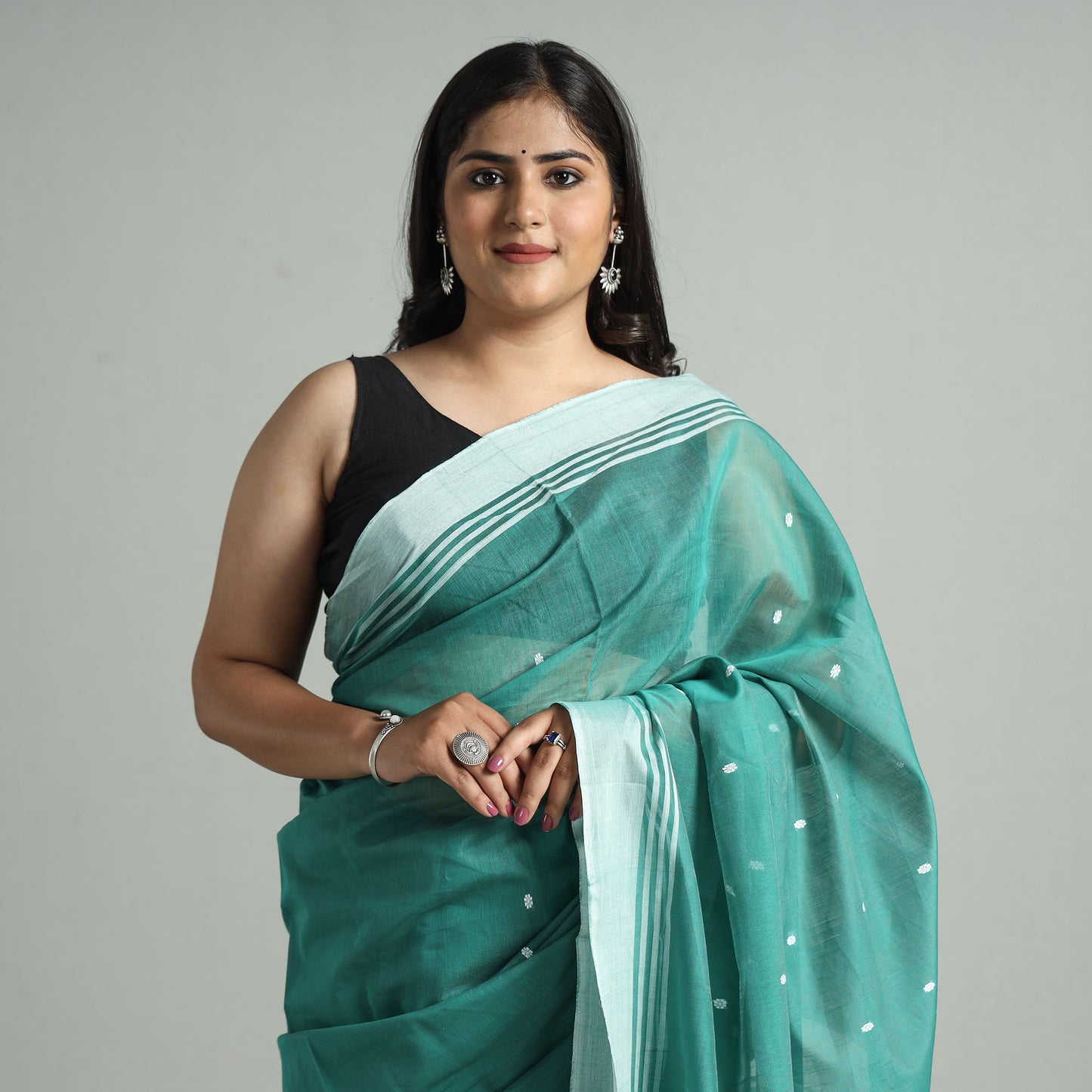 Green - Traditional Chanderi Silk Cotton Handloom Buti Saree 02