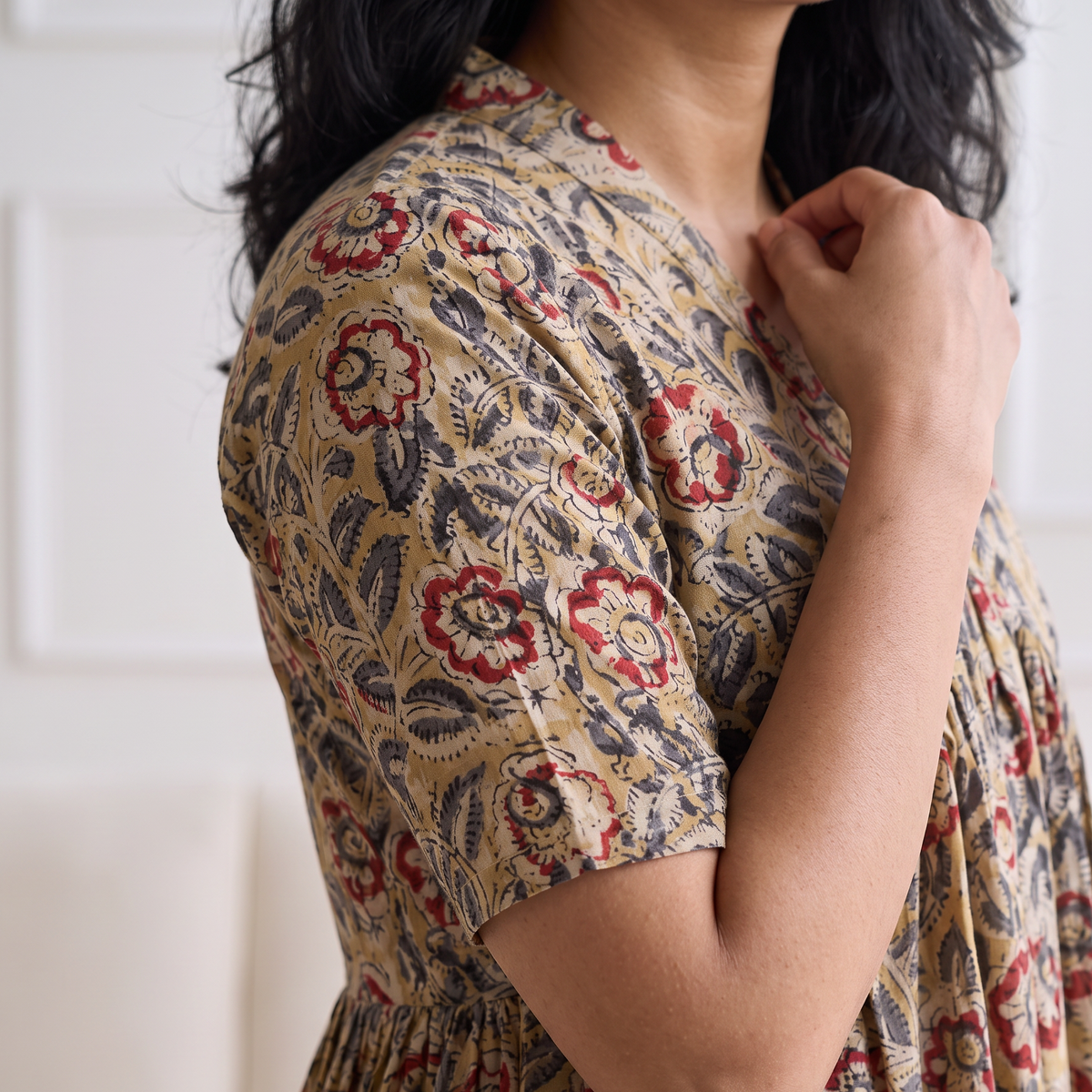 Pedana Kalamkari Hand Block Print Cotton Flared Long Dress for Women 10