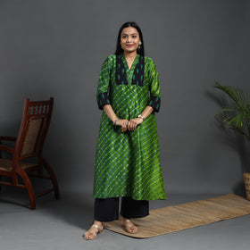 Green Chanderi Silk A-Line Patchwork Tie-Dye Leheriya Kurta for Women