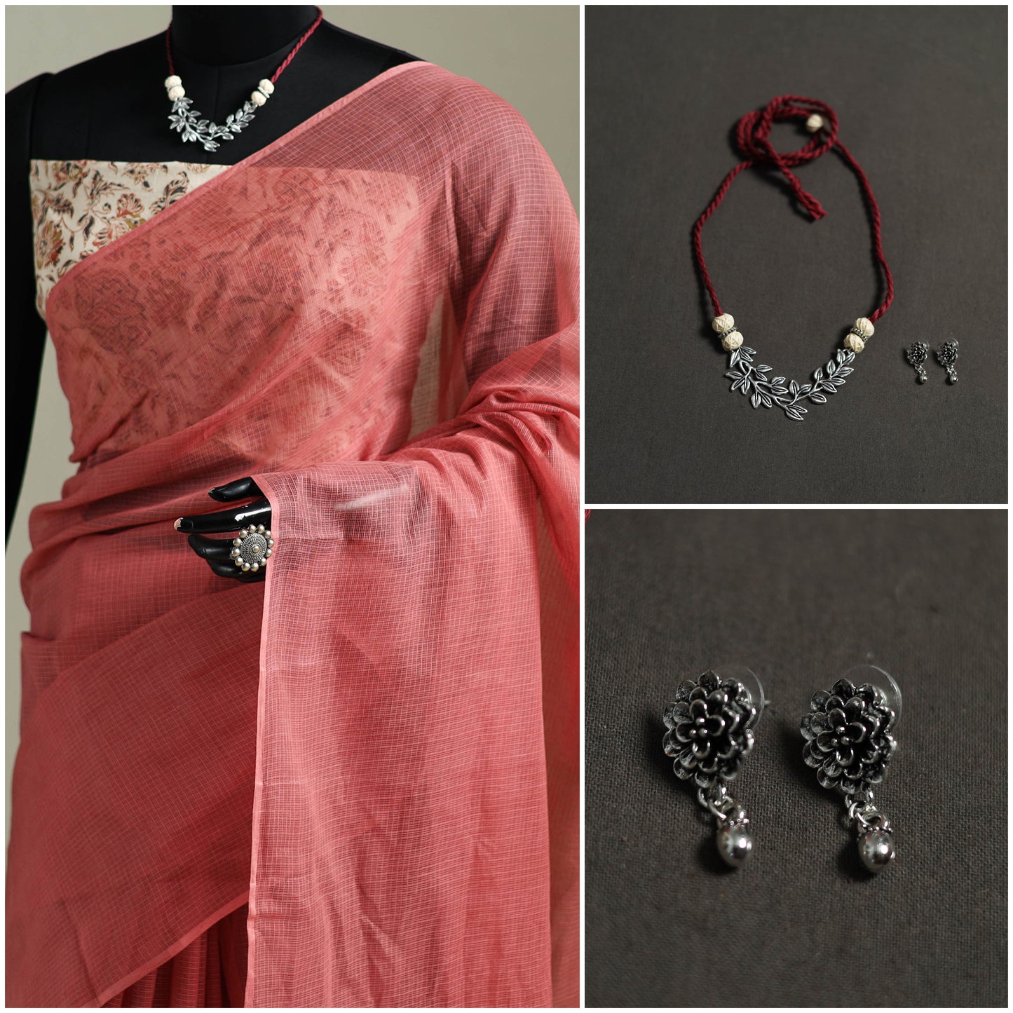 Pink - Nazaakat Kota Doria Cotton Plain Saree with Blouse & Jewellery Set 123