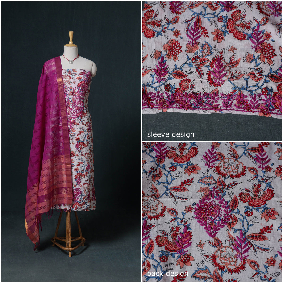 Lucknowi Chikankari Hand Work Unstitched Dress Material: Kurta & Dupatta with Jewellery 02