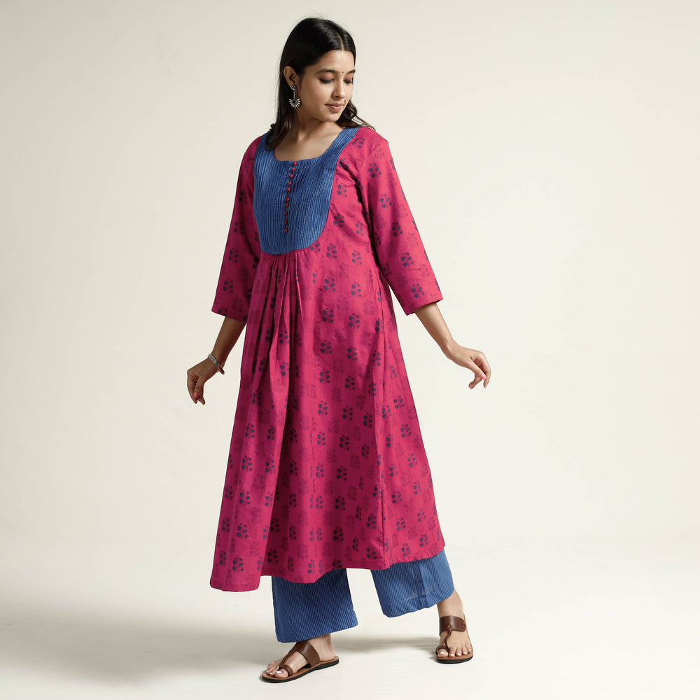 Red - Mangalagiri Block Printed Cotton Kurta with Palazzo Set