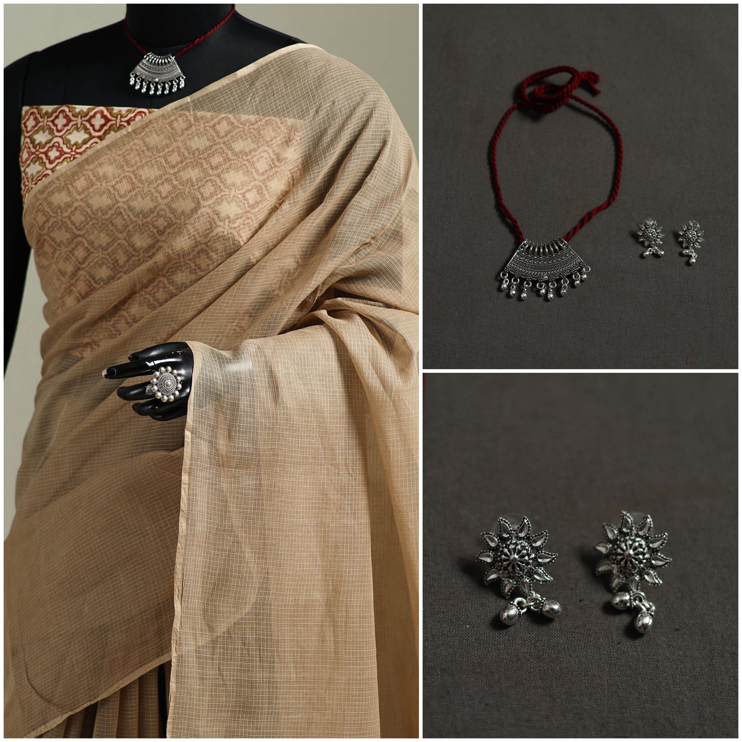 Brown - Nazaakat Kota Doria Cotton Plain Saree with Blouse & Jewellery Set 189