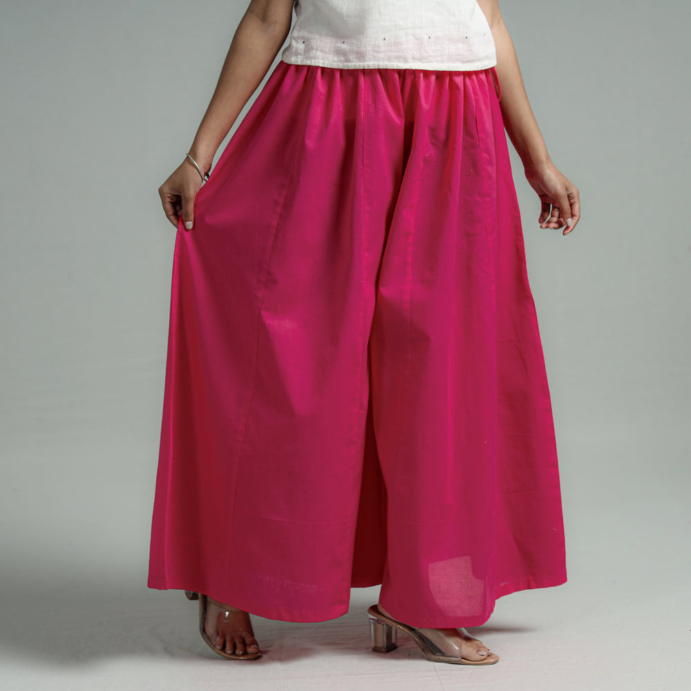 Dark Pink - Plain Dyed Cotton Flared Palazzo