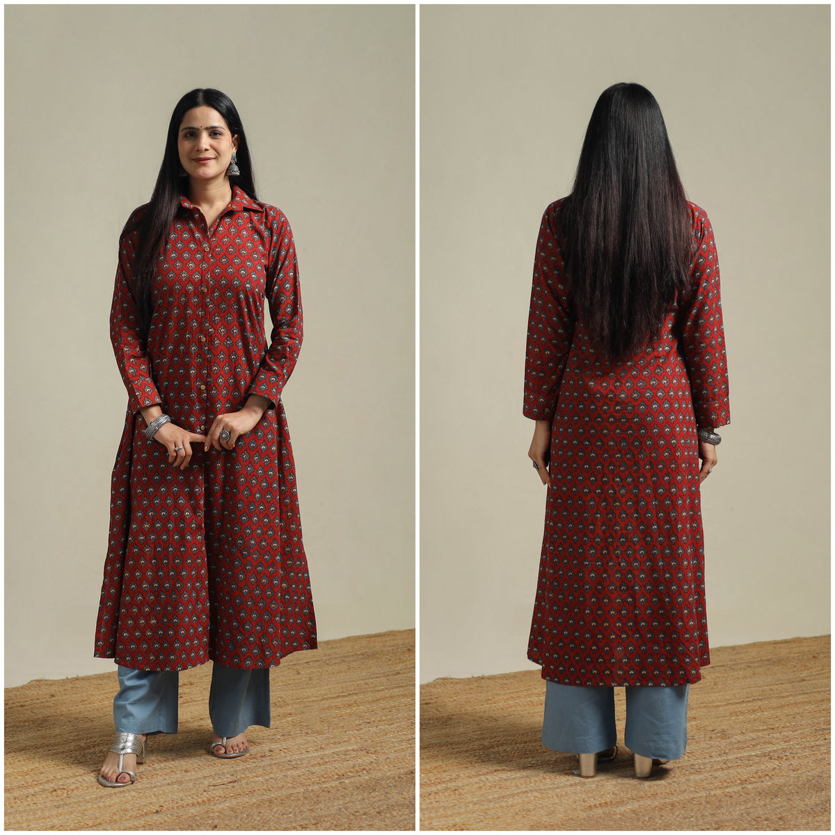 Ajrakh Hand Block Print Natural Dyed Cotton Button Down A-Line Long Kurta for women 02