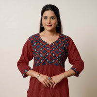 Red - Running Stitch Cotton Straight Kurta with Ajrakh Patchwork 13