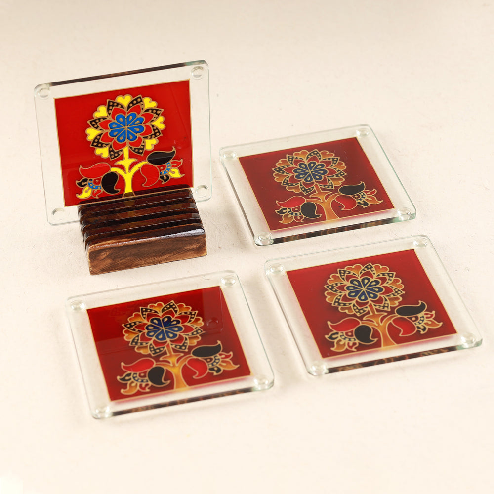 Sumanas-Hand-painted Glass Kalamkari Coasters