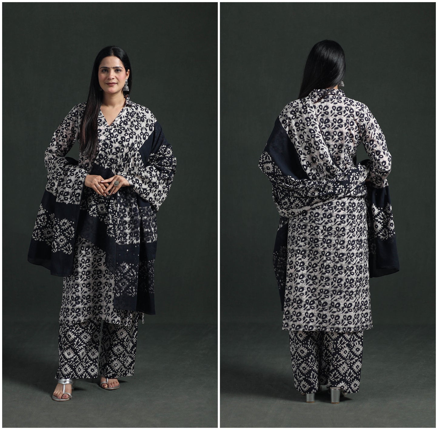 Hand Batik Print Cotton Suit Set with Dupatta for Women 12