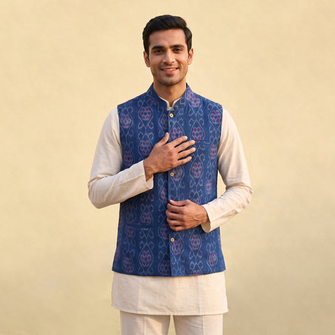 Sambalpuri Ikat Weave Cotton Men Nehru Jacket 06