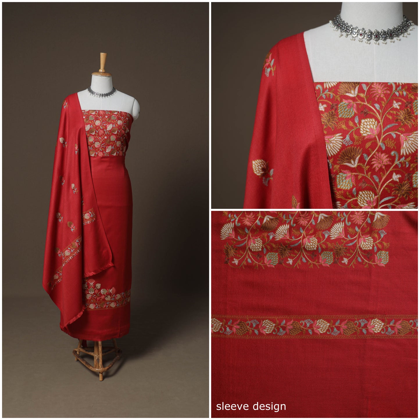 Embroidered Woolen Unstitched Dress Material: Kurta, Bottom & Dupatta 21
