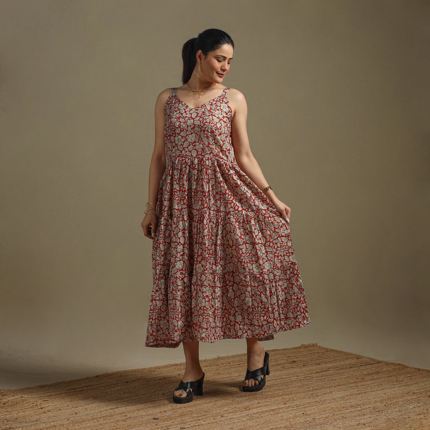 Hand Block Print Natural Dyed Cotton Tiered Bagru Dress 07
