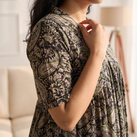 Pedana Kalamkari Hand Block Print Cotton Flared Long Dress for Women 08